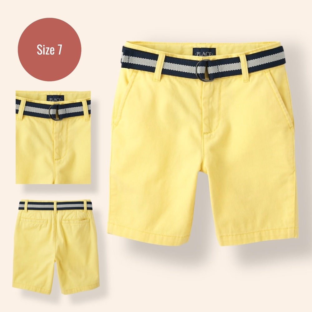 The Children’s Place Boys Yellow Flat-Front Shorts with Navy Belt (Size 7)